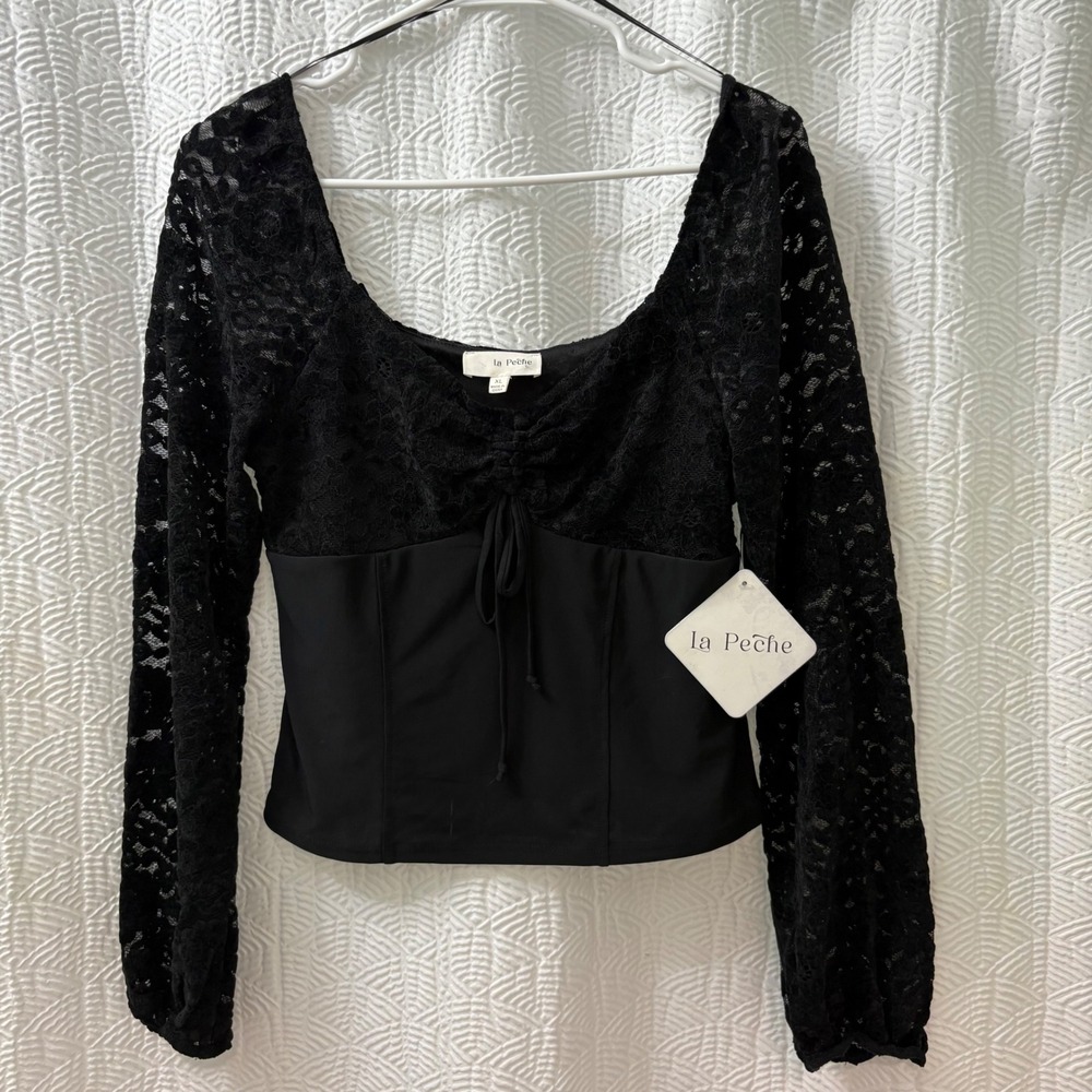 La Peche Black Velvet Lace Corset Keyhole Tie Wimsigoth‎ Witchy Gothcore Chic XL